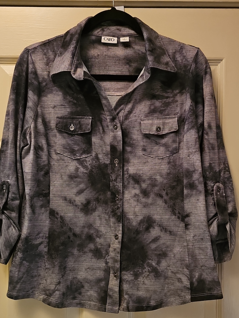 Cato Black and Gray Tie-Dye Button-Front Blouse